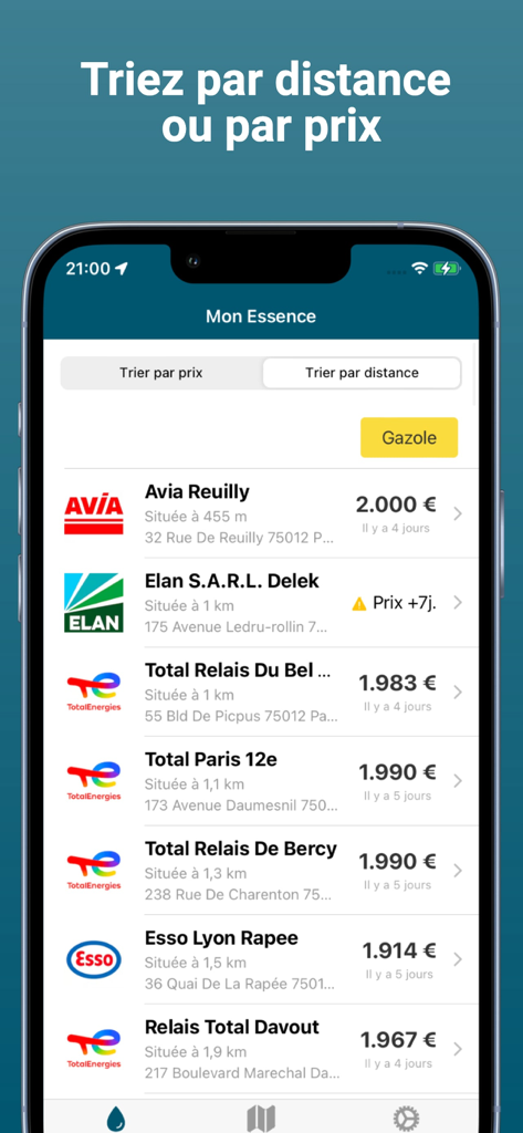 Mon Essence - Prix carburants - Ecrã da aplicação Mon Essence mostrando uma lista de postos de gasolina com preços de combustível e opções de ordenação por preço ou distância