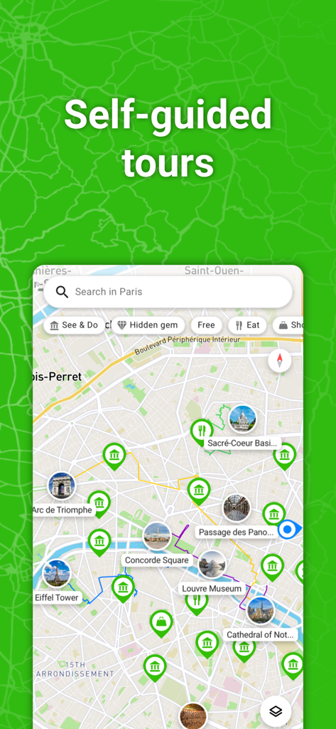 SmartGuide App zeigt eine Karte von Pariser Sehenswürdigkeiten und versteckten Juwelen für selbstgeführte Touren