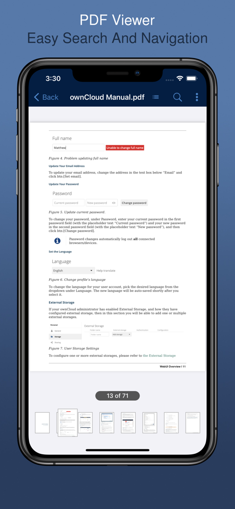 Interfaz del visor de PDF de la aplicación ownCloud iOS mostrando funciones de búsqueda y navegación de documentos.