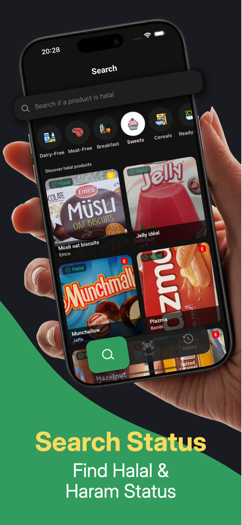 Halal Scanner app search screen showing various food products with Halal and Haram status indicators.