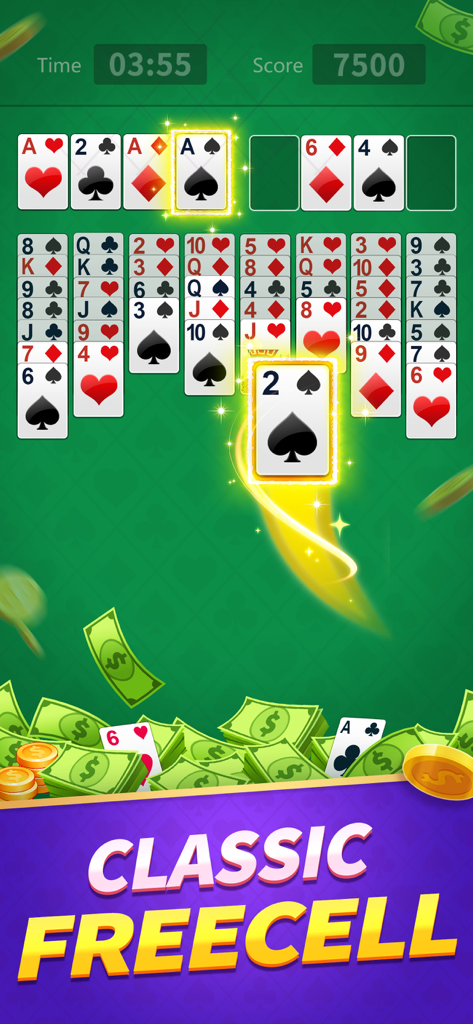 FreeCell Solitaire: Real Money - A classic FreeCell solitaire game screen with playing cards, a timer, and cash and coins at the bottom.