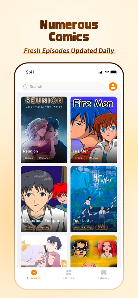 Oberfläche der QToon-App, die eine Galerie mit angesagten Manhwa- und Comic-Titeln mit Such- und Entdeckungsfunktionen zeigt.