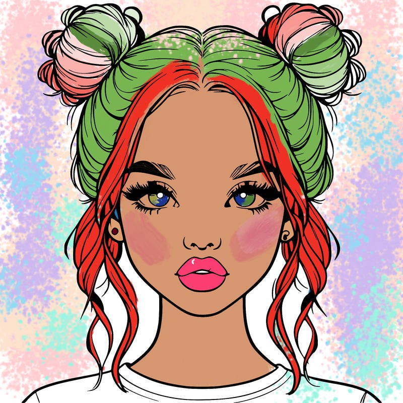 realistic girl with two buns in hair and lips