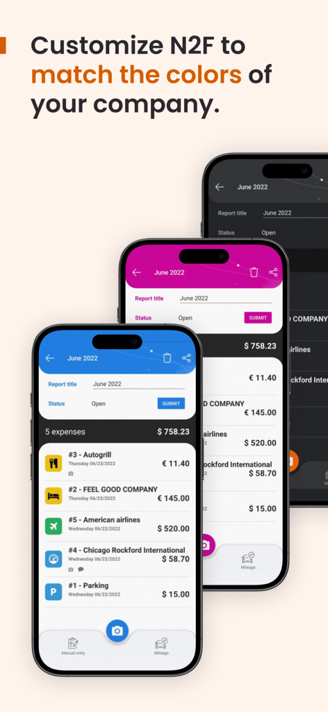 N2F - expense report & mileage - Three smartphones displaying the N2F expense report app interface with different customizable company color themes