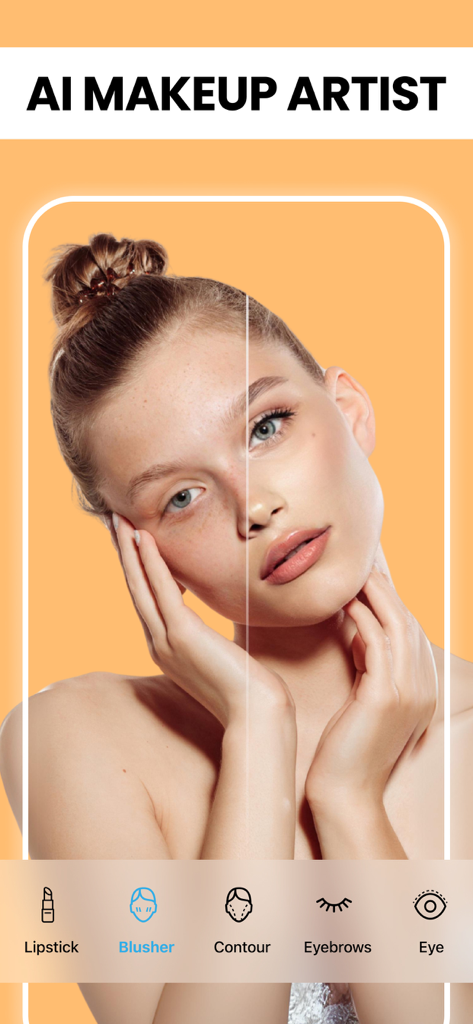 Retouch - AI Face Editor - Comparação de tela dividida antes e depois de efeitos de maquiagem com IA em um rosto de mulher