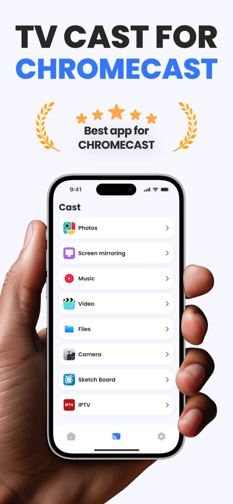 Screen Mirroring &‎ TV Cast - La pantalla de un iPhone que muestra la interfaz de la aplicación Duplicación de Pantalla y Transmisión a TV con opciones para transmitir fotos, videos y música.