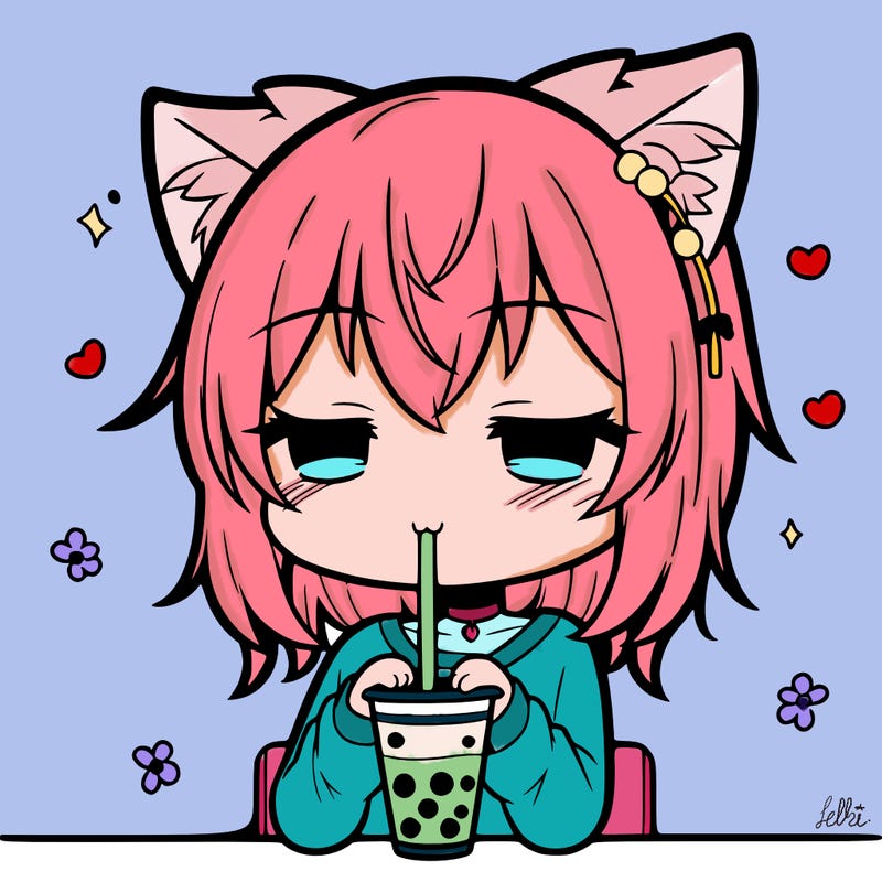 anime cat drinking boba