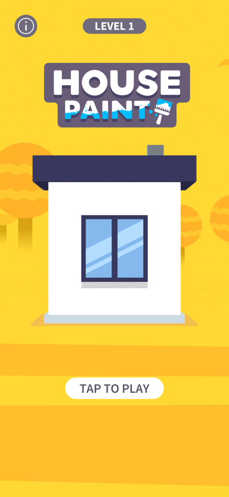 House Paint - The level one start screen of the House Paint mobile game featuring a white house and a tap to play button.