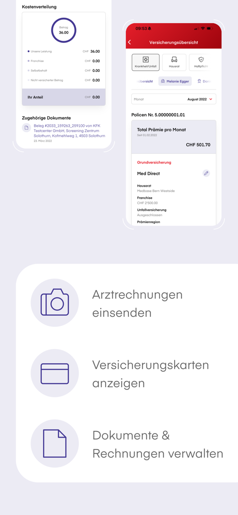 Visana app screenshots showing insurance overview and digital document management features