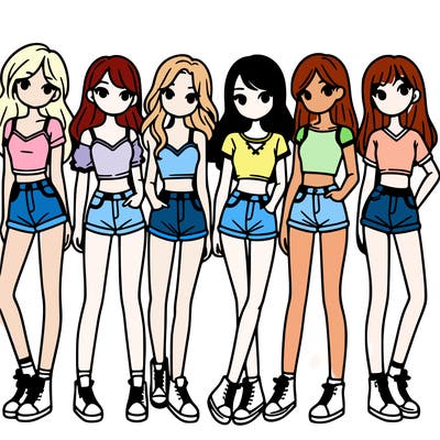a group of girls wearing crop tops and shorts