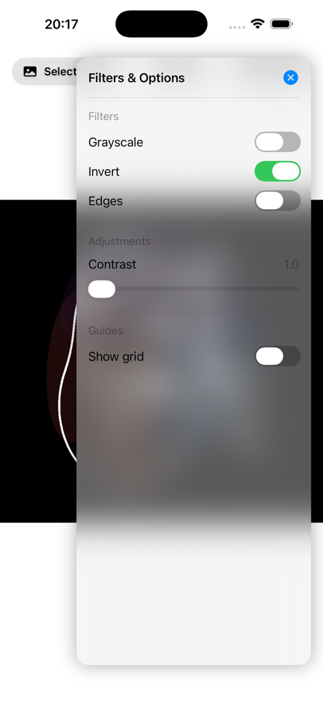 Lightbox Tracing Pad app screen showing image filters and contrast adjustments for better tracing