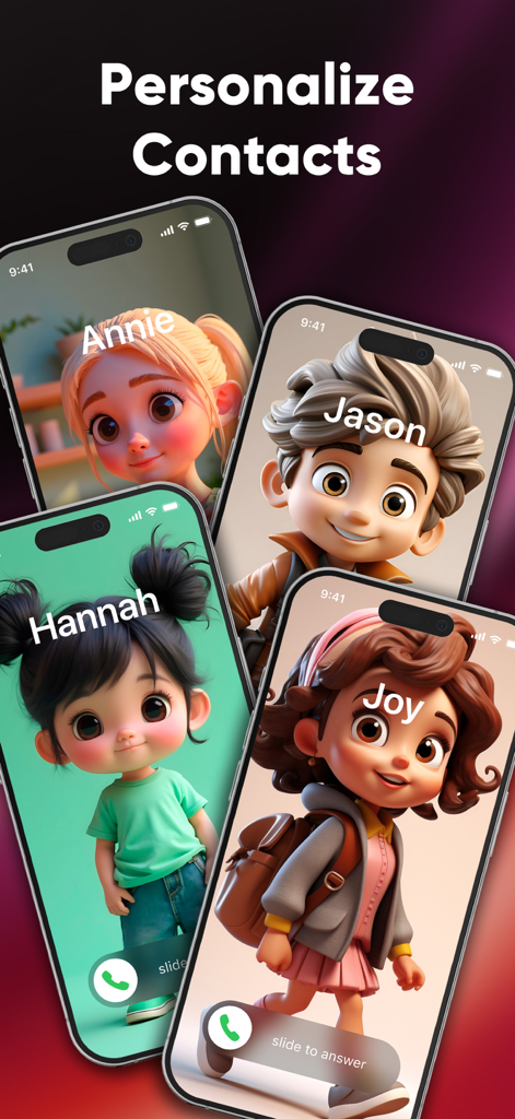 Ringtones Maker & Wallpapers - Four iPhones showing personalized call screens with unique 3D cartoon character avatars for different contacts