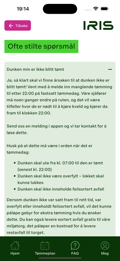 IRIS - IRIS app FAQ screen displaying information about missed bin collection and waste management guidelines.