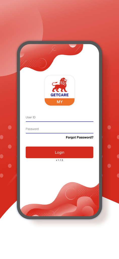 GETCare - GETCare mobile app login screen showing user ID and password fields with the company logo