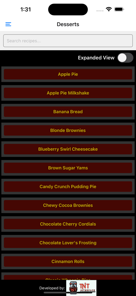 Let Them Cookアプリのデザートレシピのミニマリストリスト。アップルパイやバナナブレッドなどのオプションがあります。