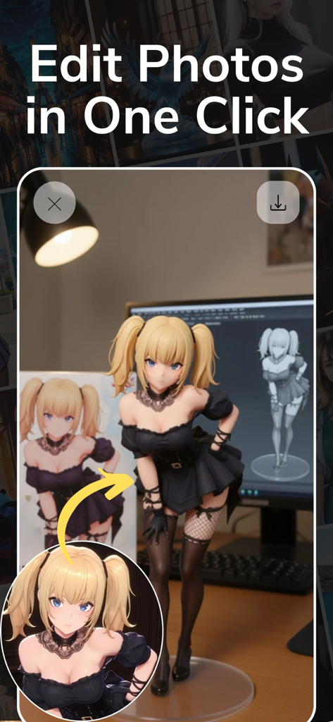 Dreamerland - AI Art Generator - Dreamerland app interface showing one click AI photo editing to create anime avatars