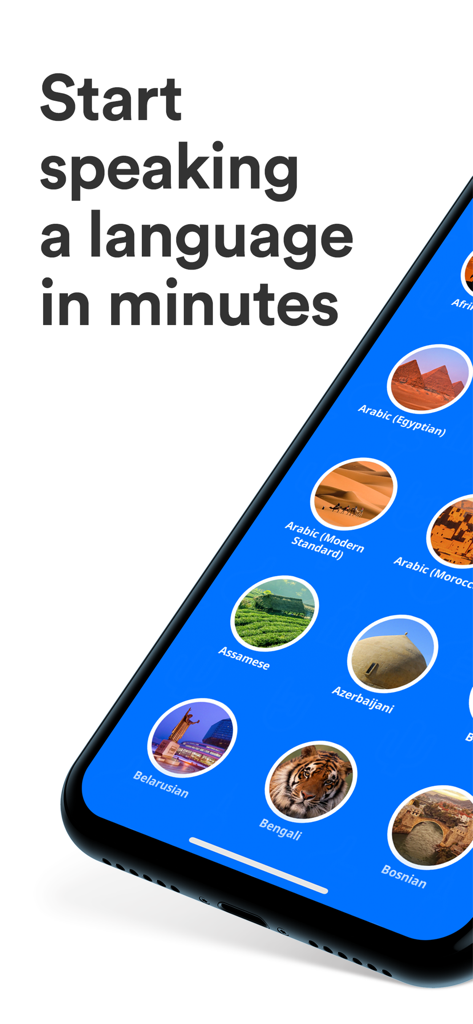 uTalk app interface showing various language options with the headline Start speaking a language in minutes