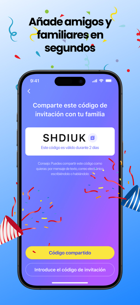Interfaz de la aplicación LookNum mostrando un código de invitación para agregar familiares y amigos para el rastreo de ubicación.