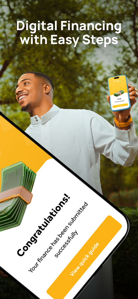 tamam | money won’t stop you - Un hombre con vestimenta tradicional sosteniendo un teléfono que muestra una solicitud de financiación exitosa en la aplicación Tamam.