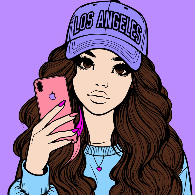 realistic beautiful girl wearing los ángeles cap holding an iphone