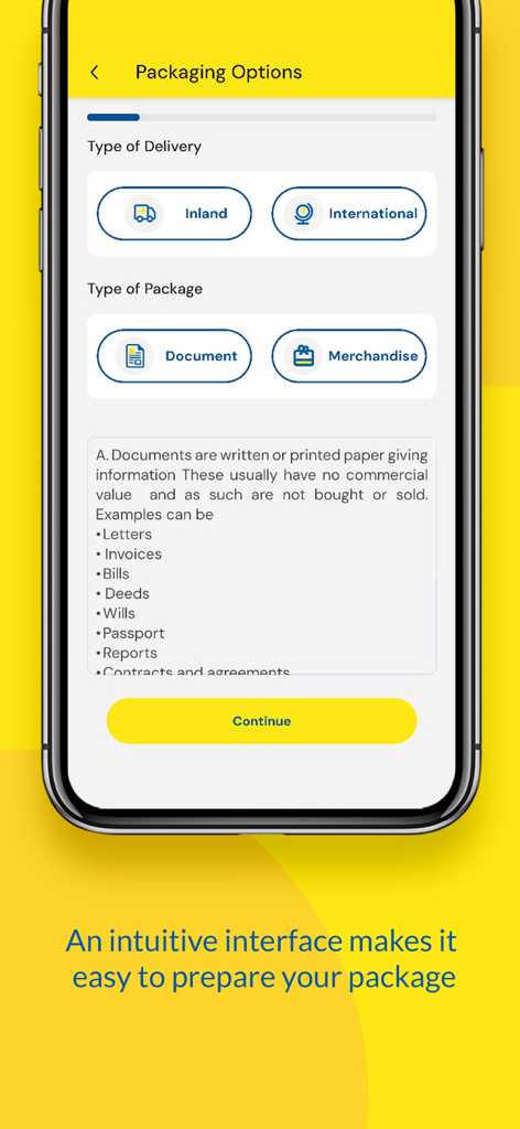 MauPost - MauPost-App-Oberfläche, die Lieferoptionen und Pakettypen für den Versand von Dokumenten oder Waren anzeigt