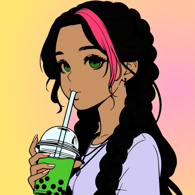 realistic girl with braided hair drinking boba