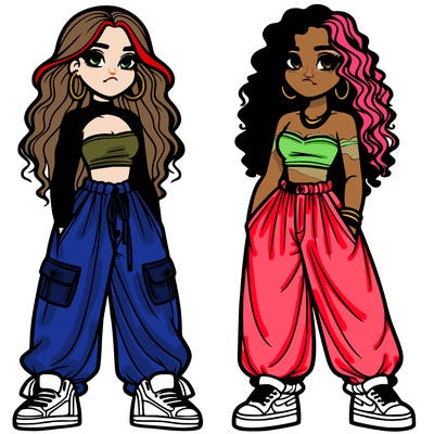 two girls in baggy pants crop top and hairstyle curly