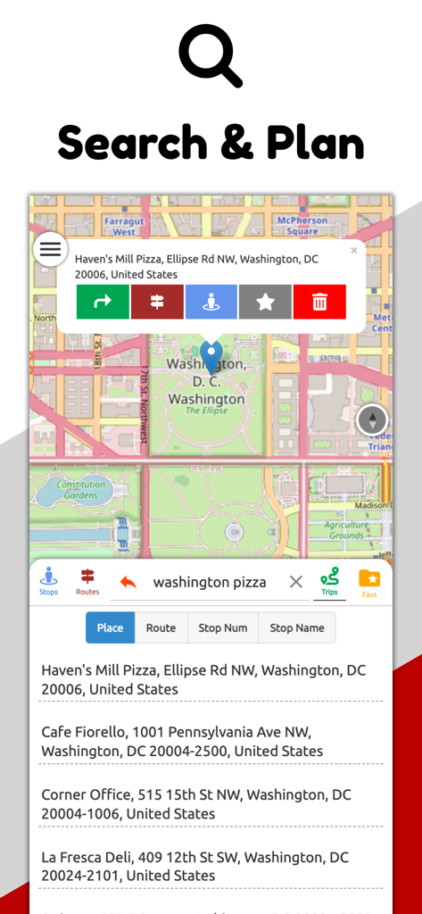 Captura de tela do aplicativo Washington DC Transit mostrando o recurso de busca e planejamento com um mapa e resultados de busca de restaurantes locais.