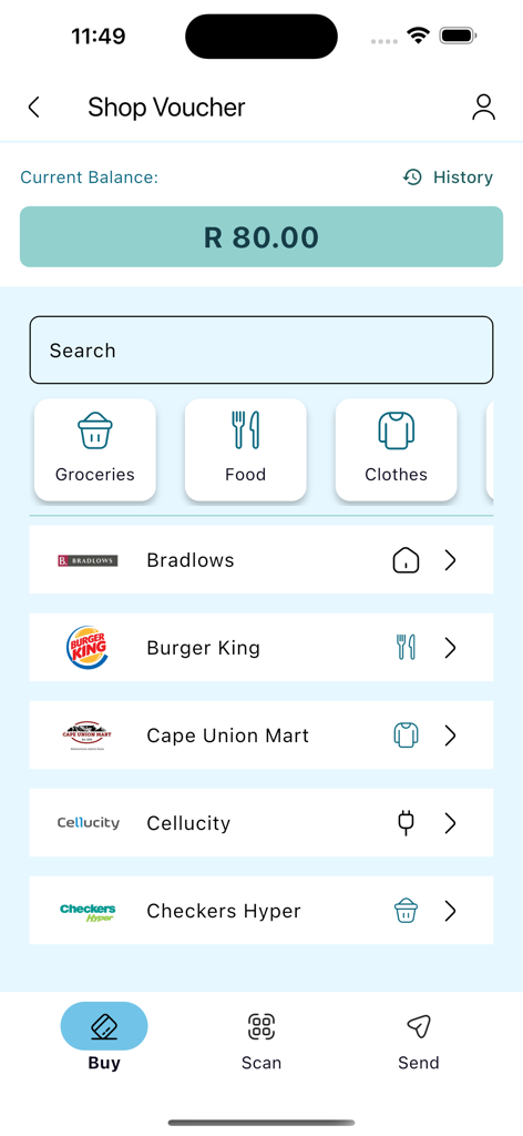 kazam - Pantalla de la aplicación Kazam para comprar vales de tienda que muestra el saldo y las categorías de minoristas