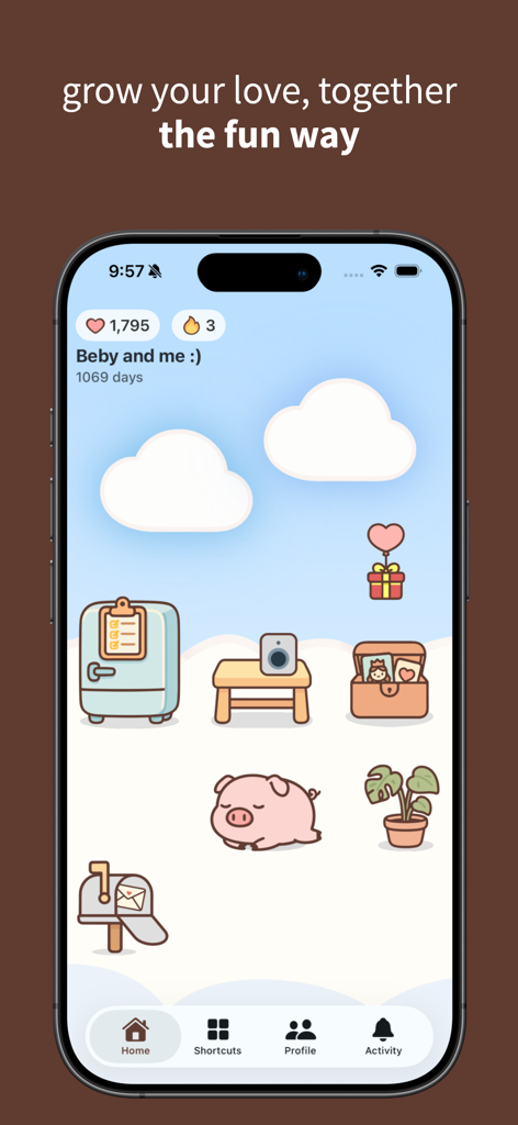 lovelee couples: love note app - Interface do aplicativo Lovelee mostrando um espaço digital compartilhado para casais com um animal de estimação virtual e uma planta