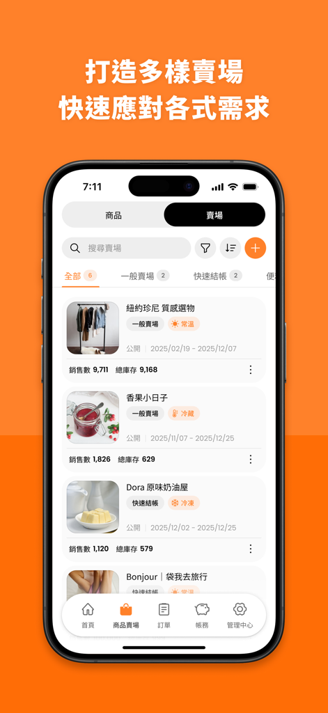 Mobile app interface showing multiple managed storefronts with sales and inventory data in the MYSHIP Seller Edition app.