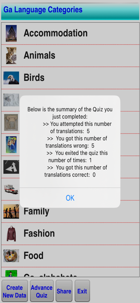 Speak and Write Ga Language - Interface of Speak and Write Ga Language app with categories list and quiz summary popup