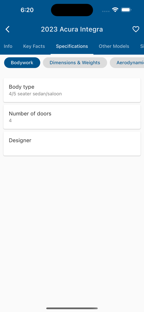 Car Specs Hub - Bodywork specifications for a 2023 Acura Integra showing body type and door count in the Car Specs Hub app.