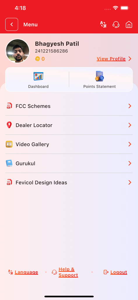 Bildschirm mit Benutzerprofil und Navigationsmenü der Fevicol Champions Club-Mobil-App