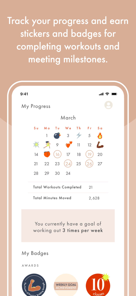 barre3 online - Barre3 online app progress screen showing a monthly workout calendar and achievement badges