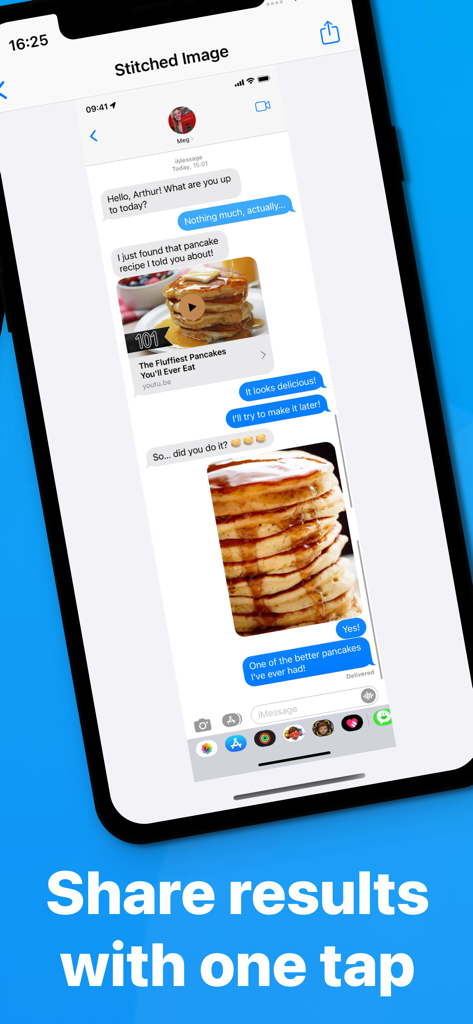 Automatic Screenshot Stitcher - iPhone displaying a long stitched screenshot of a text message conversation about recipes