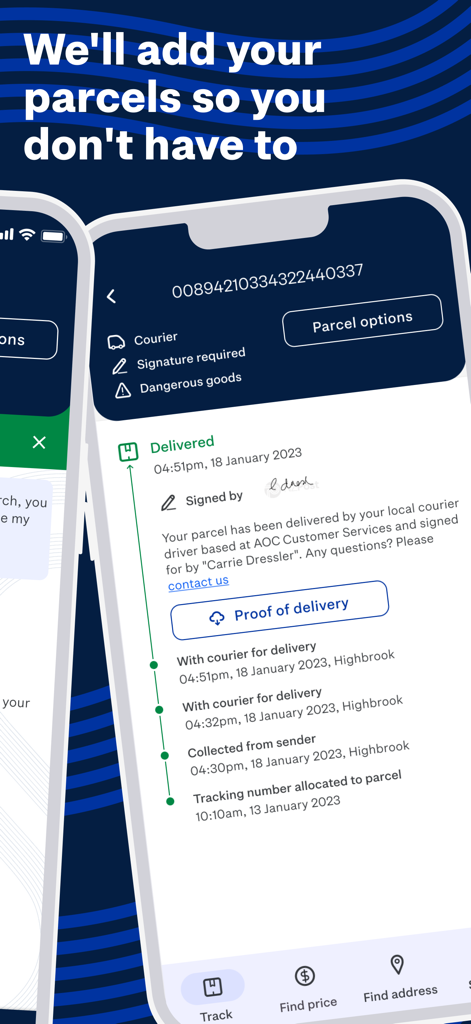 NZ Post app interface showing a delivered parcel tracking status and detailed shipment timeline.