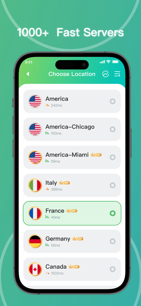 Green VPN app interface showing a list of global server locations with ping response times