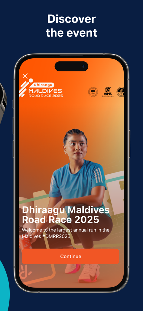DMRR - Welcome screen of the Dhiraagu Maldives Road Race 2025 app on a smartphone