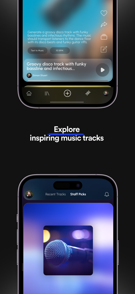 Soundverse - AI Song Generator - Soundverse app interface showing a music player with a groovy disco track and a section for staff picks.