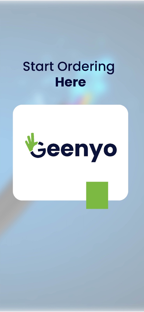 Geenyo app splash screen with the company logo and a call to action to start ordering