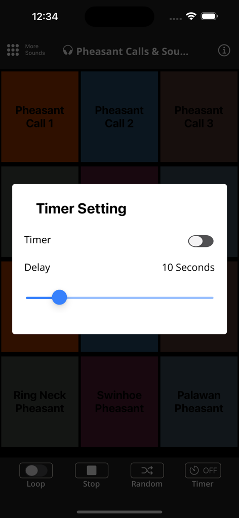 Pheasant Calls & Sounds - Interface for setting a delay timer on pheasant bird call sounds