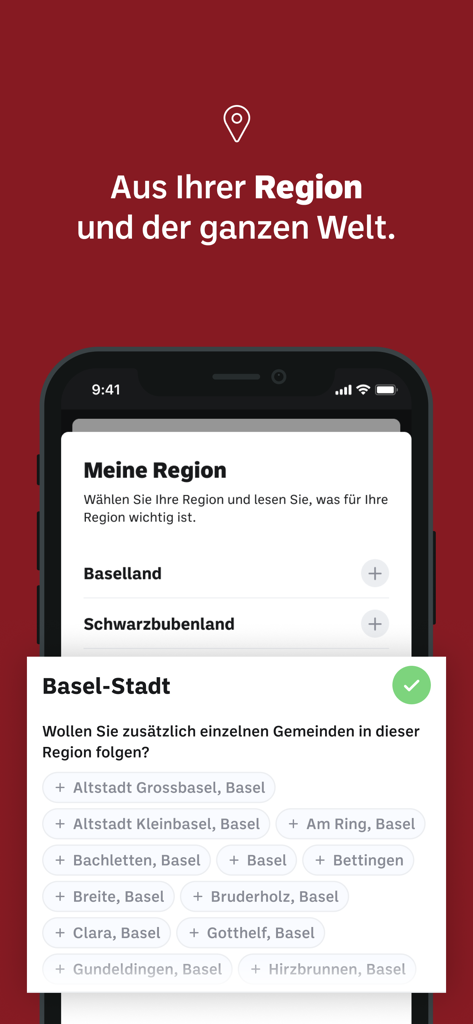 bz Zeitung aus Basel - Interfaz de la aplicación bz Zeitung aus Basel para seleccionar noticias regionales por cantón y municipio