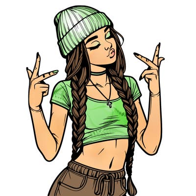 realistic teenage girl with braids and a beanie and crop top doing 🫶🏼