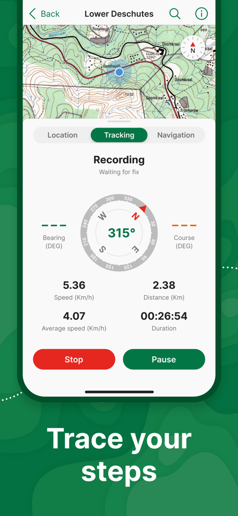 Avenza Maps: Offline Mapping - Interface de l'application Avenza Maps affichant le suivi GPS sur une carte topographique avec boussole et données de navigation