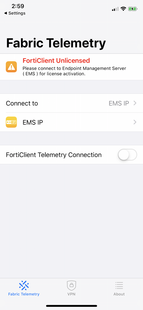 FortiClient - Interfaccia dell'app FortiClient che mostra la schermata Fabric Telemetry con un avviso di attivazione licenza e opzioni di connessione EMS