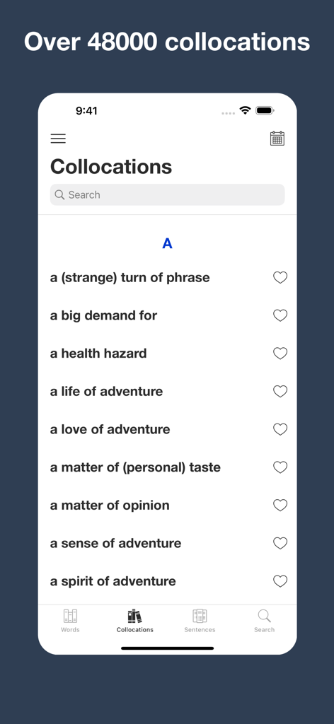 English Collocation Sentence - Mobile screen showing a list of English collocations starting with the letter A