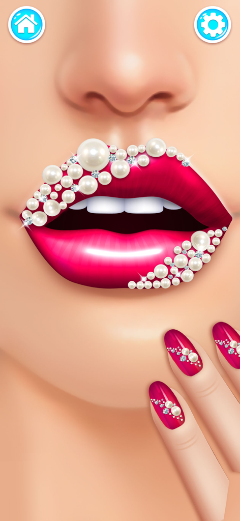 Satisfying DIY Lip Art Salon - Un primer plano de arte de labios rosa y uñas a juego decoradas con perlas y diamantes
