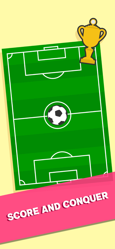 Vista de cima de um campo de futebol virtual com um troféu dourado e o slogan marque e conquiste