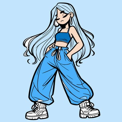 girl in baggy pants crop top and long hair
